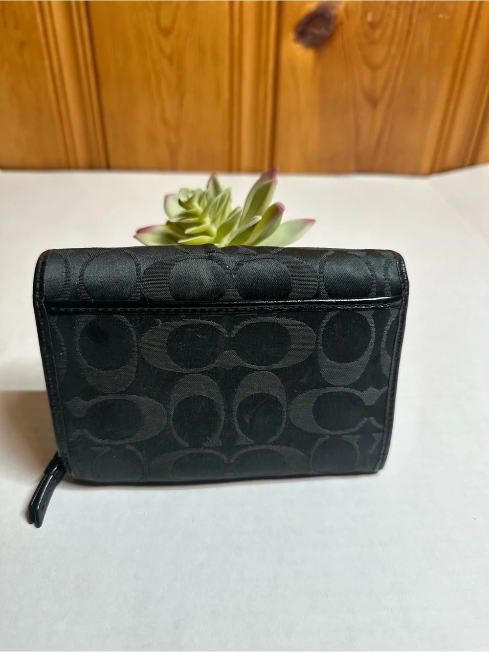 Coach Black Signature Logo Compact Wallet with Silver Logo